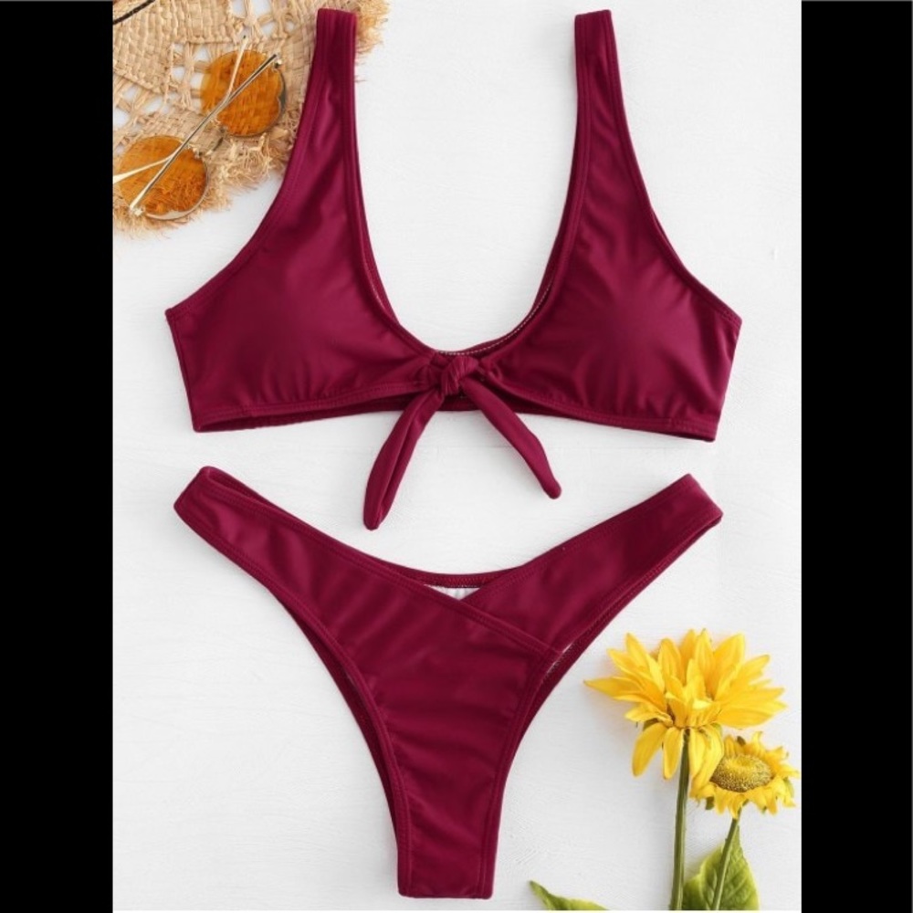 Wine colored tie top bikini with cheeky bottoms